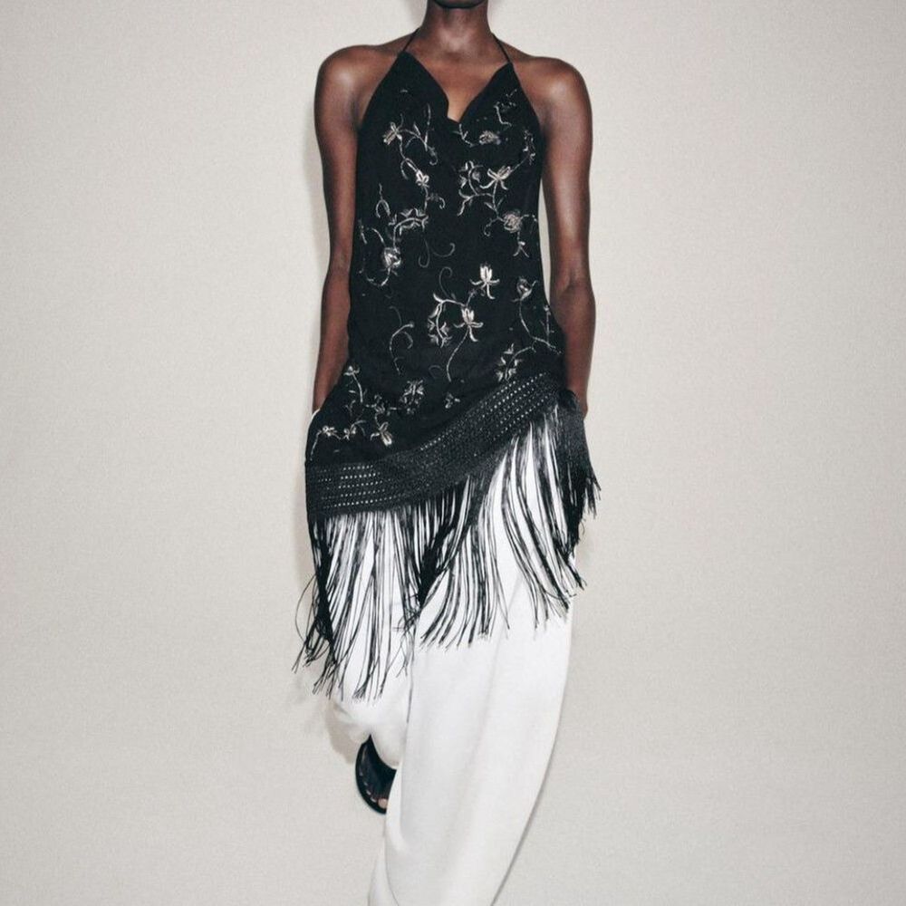 NEW ZARA ZW Collection Women Embroidered Macrame Fringe Halter Top Black - Picture 1 of 8